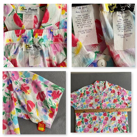 Vtg NOS 80s 90s Two Potato Resort Wear Button Down Shirt + Shorts Set S Floral - Picture 8 of 9